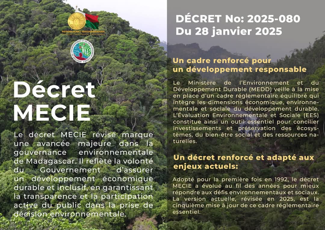 🏡🌳 Reforme du Décret MECIE: Une avance majeure pour un développement durable💡

✨Un cadre transparent, inclusif et conforme aux standards internationaux en matière d'évaluation environnementale et sociale 🌿
 environnement.mg/wp-content/upl…

#ONE #MEDD #developpementdurable