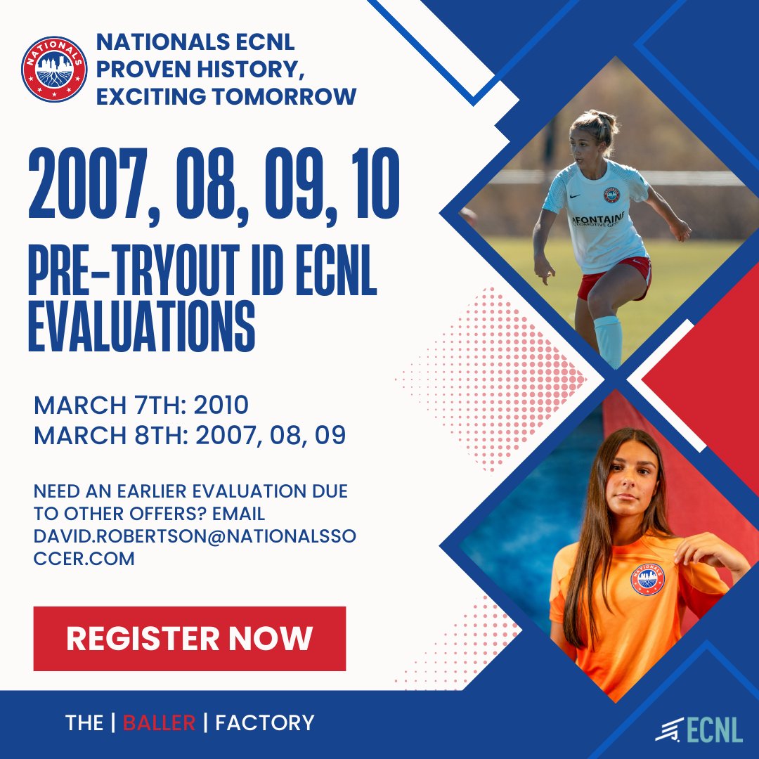 Nationals Girls Academy (@nationalsga) on Twitter photo Our Pre-Tryout Evaluations are coming up quickly for our rising U18/19, U17 & U16 age groups in our Girls Academy (<a href="/ECNLgirls/">ECNL Girls</a>)
Whether you know you want to be a part of the Nationals, are playing high school soccer and not sure if you will be able to make tryouts later, or have Our Pre-Tryout Evaluations are coming up quickly for our rising U18/19, U17 & U16 age groups in our Girls Academy (<a href="/ECNLgirls/">ECNL Girls</a>)
Whether you know you want to be a part of the Nationals, are playing high school soccer and not sure if you will be able to make tryouts later, or have