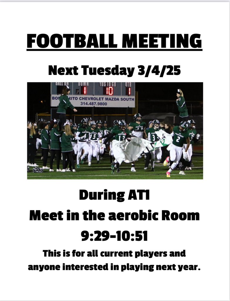 Team Meeting next Tuesday 3/4 during AT1! This is for all current players and those who are interested in joining the team next season.  Spread the word! #ALLIN #BackInBlack #WeAreMehlville