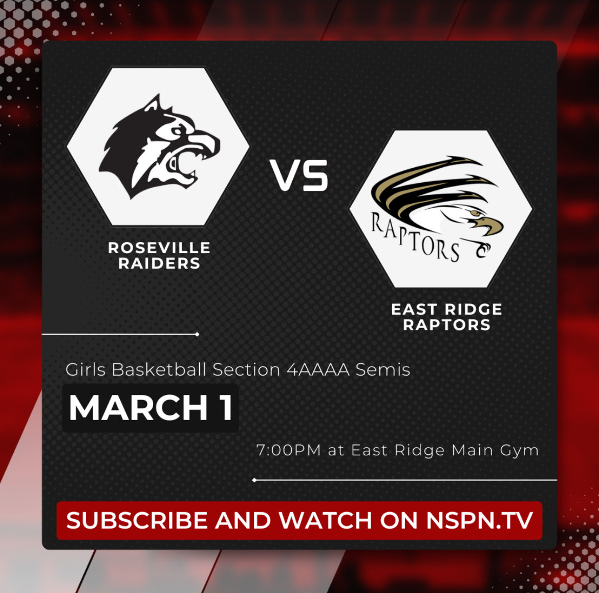 Girls Basketball section 4AAAA semifinal game will be played at East Ridge Friday 3/1 @ 7:00pm vs Roseville. 
Let’s pack the Perch and cheer the girls on!