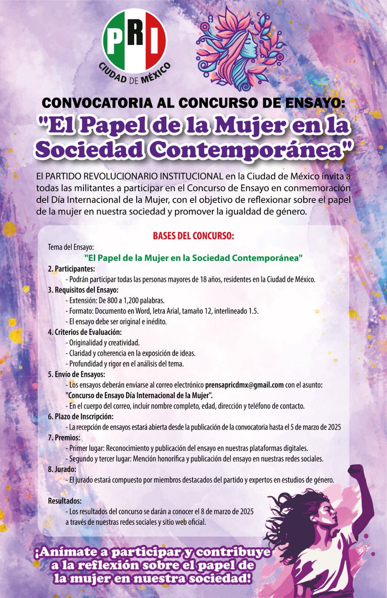PRICDMX_'s tweet photo. 👉🏼 Convocatoria 

✒️ Concurso de Ensayo

📃 “El Papel  de la Mujer en la Sociedad Contemporánea”

¡Participa! https://t.co/ZbY3edCvpn