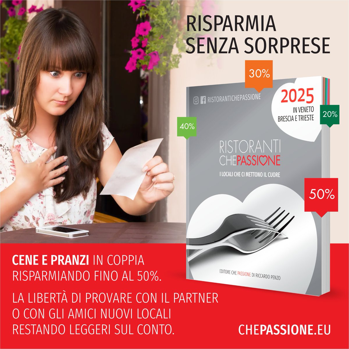 Lo sconto é sicuro fino al 50% nei ristoranti selezionati della Guida 2025 - Scoprili su chepassione.eu