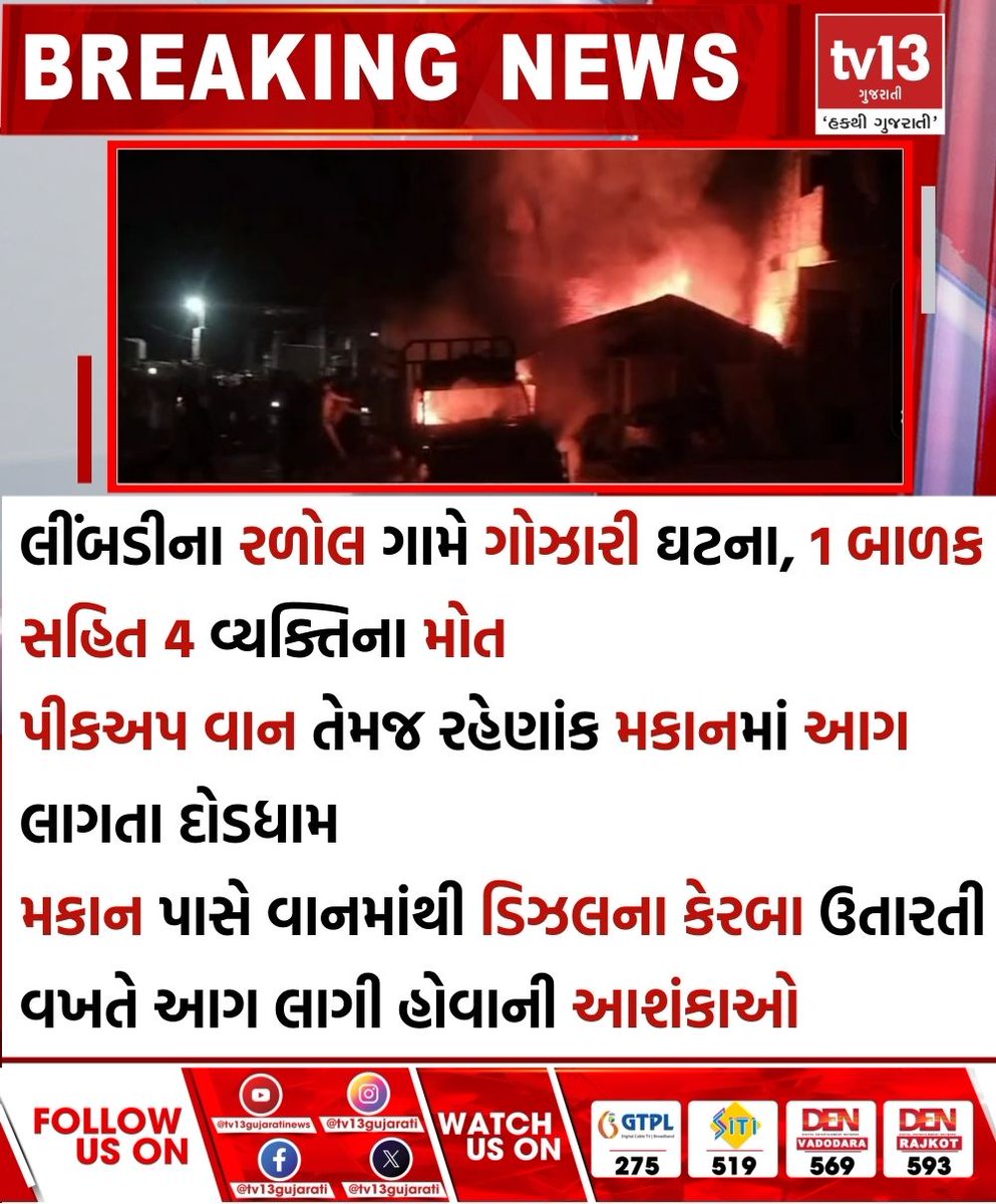 tv13gujarati's tweet photo. લીંબડીના રળોલ ગામે ગોજારી ઘટના, 1 બાળક સહિત 4 વ્યક્તિના મોત
#limbdi #ralol #aag #5mot #makan #picupwan #tv13gujarati https://t.co/VNPFuSdaO8