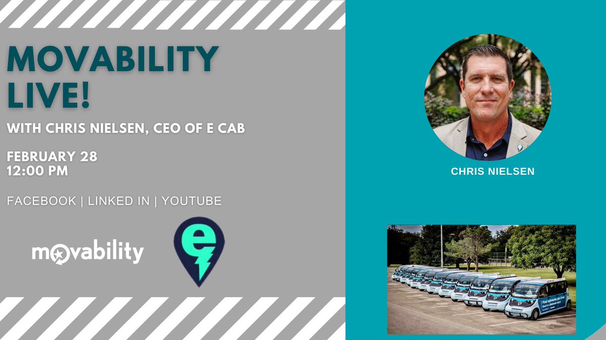 Movability (@movability) on Twitter photo Join us noon TODAY for a livestream conversation with <a href="/ElectricCab/">Electric Cab</a>'s Chris Nielsen. We'll talk about microtransit and what's on tap for the future as our region grows. Just tune in on Movability's Facebook, YouTube, or LinkedIn to watch and ask questions! Join us noon TODAY for a livestream conversation with <a href="/ElectricCab/">Electric Cab</a>'s Chris Nielsen. We'll talk about microtransit and what's on tap for the future as our region grows. Just tune in on Movability's Facebook, YouTube, or LinkedIn to watch and ask questions!