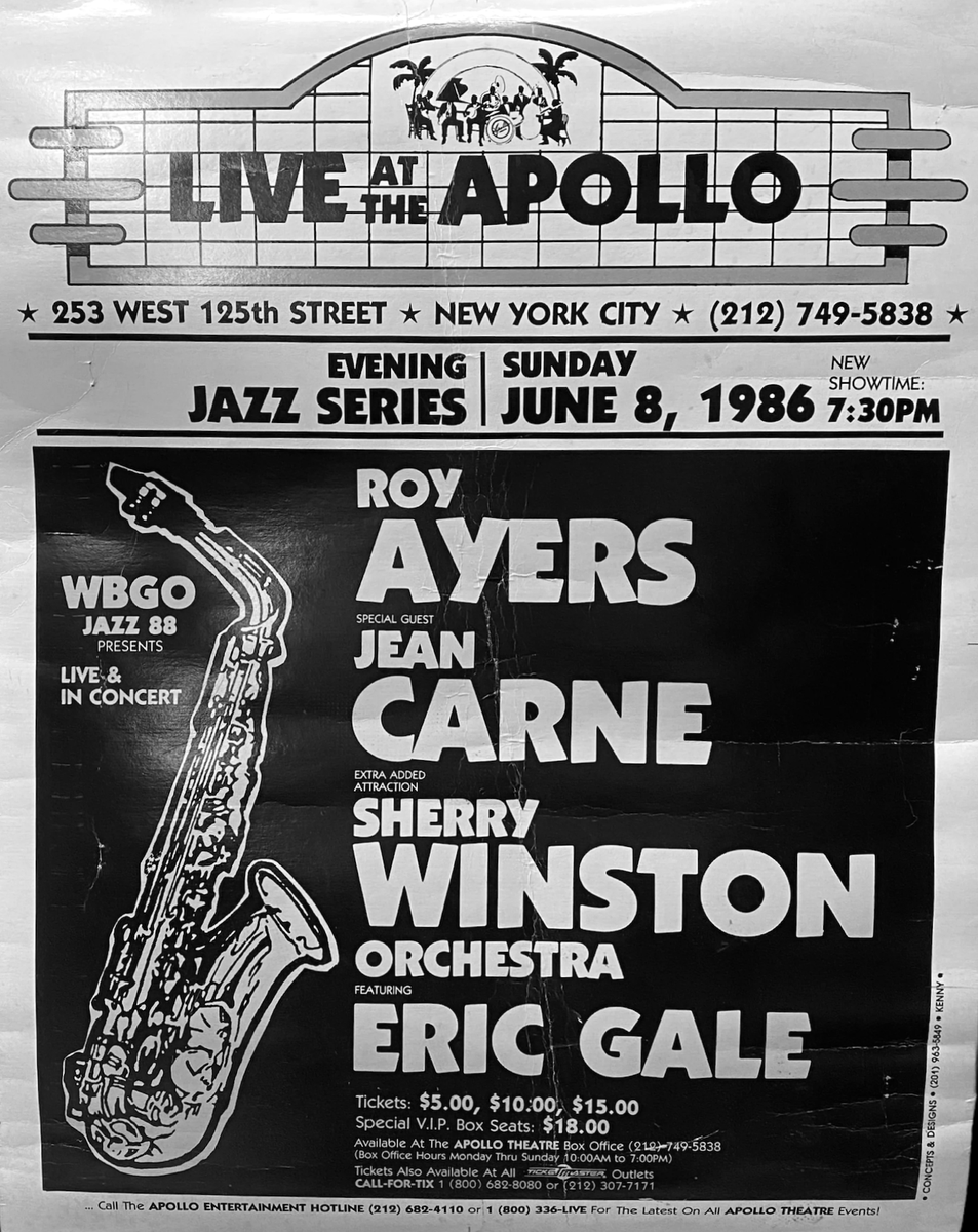 ArtDontSleep's tweet image. Legendary bill featuring @royayerssunshine, @carne.jean, Eric Gale, and the Sherry Winston Orchestra LIVE at The Apollo, presented by WBGO "Jazz 88" (1986).

#theapollo #showbill #royayers #jeancarne