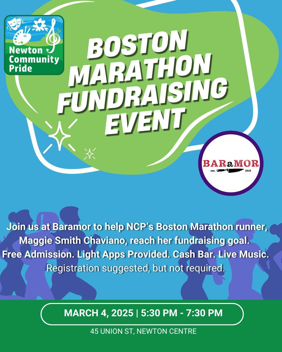 Join us at Baramor this Tuesday, March 4th, for a fundraising gathering to support our Boston Marathon participant, Maggie Smith Chaviano. Indulge in some snacks and enjoy live music.  Visit buff.ly/41lzIwG to register &amp; buff.ly/41lzIwG to donate. 

#newtonma