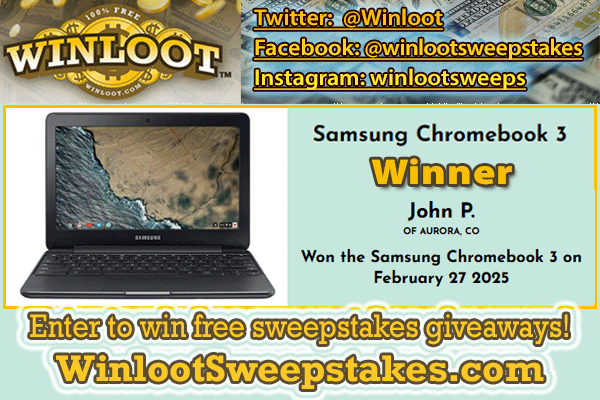 Winloot's tweet photo. Congrats to another lucky #winner! John P. of Aurora, Colorado, won the Samsung Chromebook 3 #Giveaway on February 27, 2025!

✔️Enter WinlootSweepstakes: https://t.co/ReMEQpcw6r
100% Free to #win up to $5,000,000!🆓 https://t.co/jugg6CeA8W