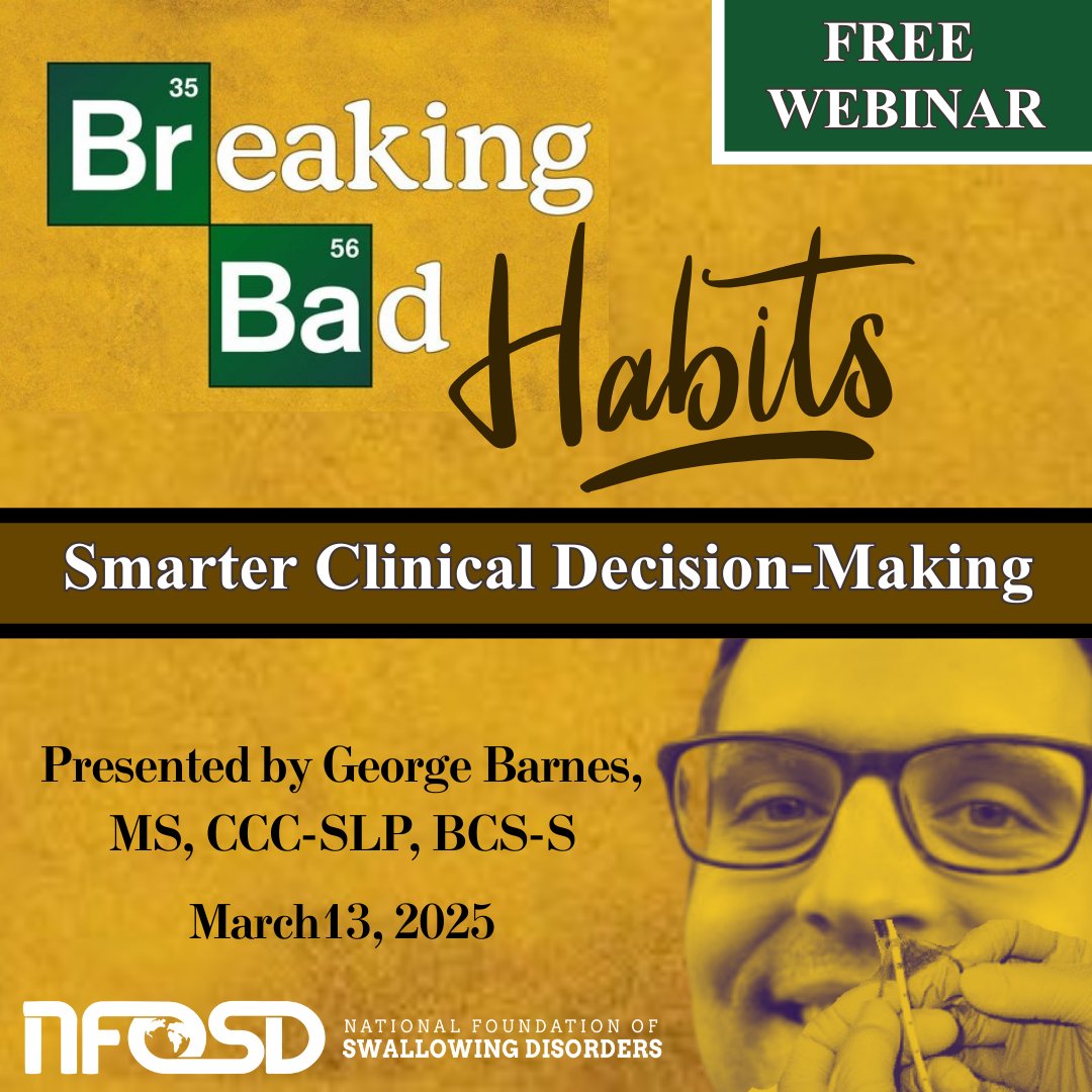 Respect the Chemistry🧪Join us for our next webinar presented by George Barnes, MS, CCC-SLP, BCS-S!
This presentation dives into the common errors in decision-making—how to recognize them, prevent them, and minimize their impact when they happen.

swallowingdisorderfoundation.com/breaking-bad-h…