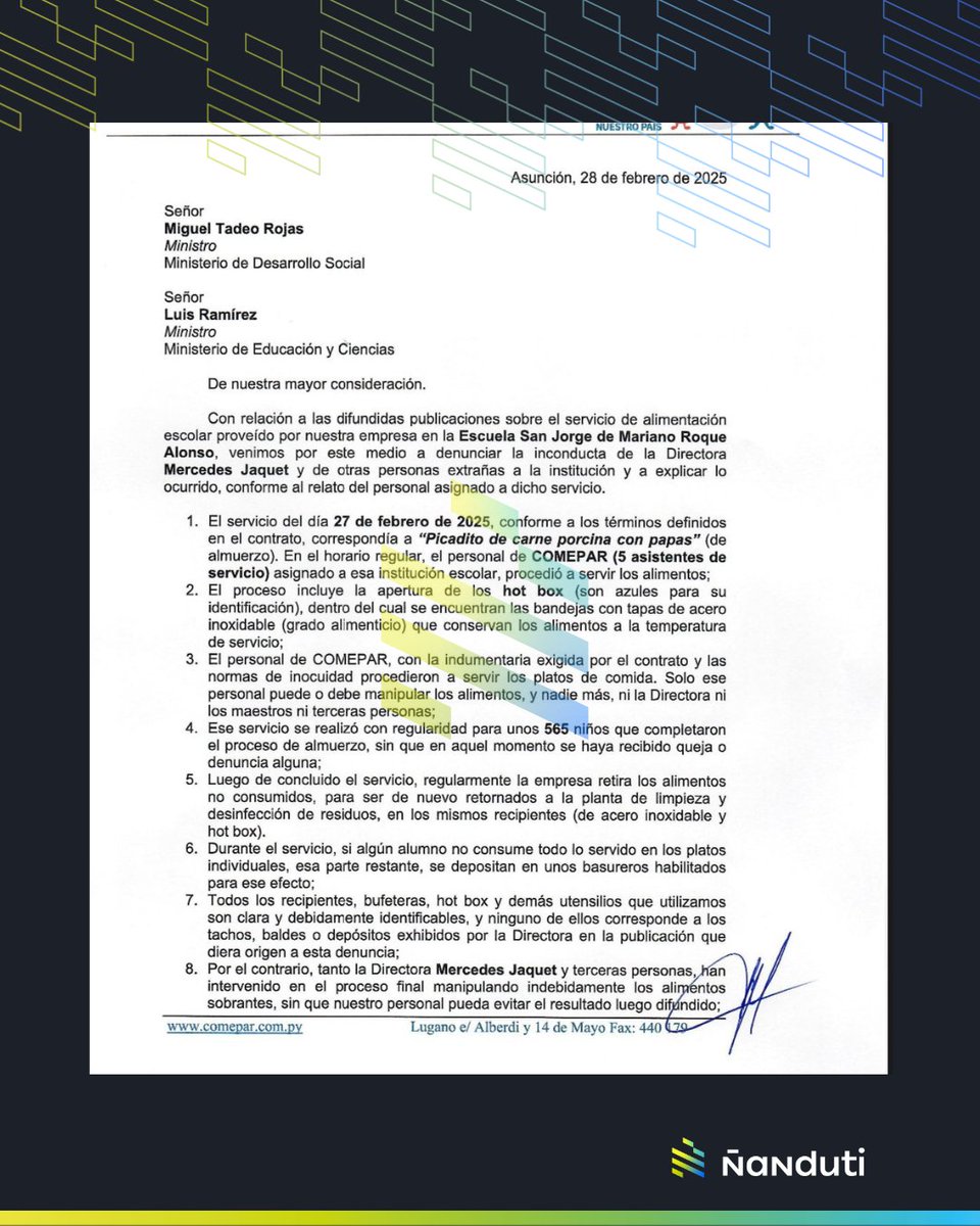 nanduti's tweet photo. #AHORA | Directora denunciante del #KureCaldo terminó denunciada

🗣️La empresa COMEPAR denunció por inconducta ante el Ministerio de Desarrollo y el MEC a la directora de escuela San Jorge de MRA, Mercedes Jacquet.

#Ñanduti https://t.co/pTybghpxCi
