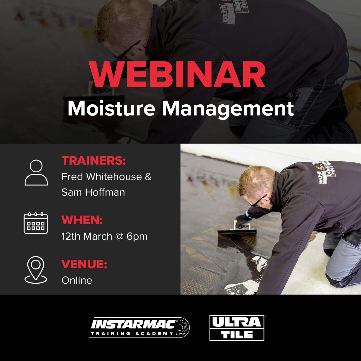 UltraTile_UK's tweet image. ⭐ WEBINAR ⭐ 

👤 Trainers: Fred Whitehouse &amp;amp; Sam Hoffman
🎓 The Topic: Moisture Management
📆 When: 12th March
⌚ Time: 6pm
📍 Where: Online
➡️ Swipe to see more about the webinar
⬇️ Click the link to register 
hubs.ly/Q037Yym70 

#Training #Tiling #TilingTraining