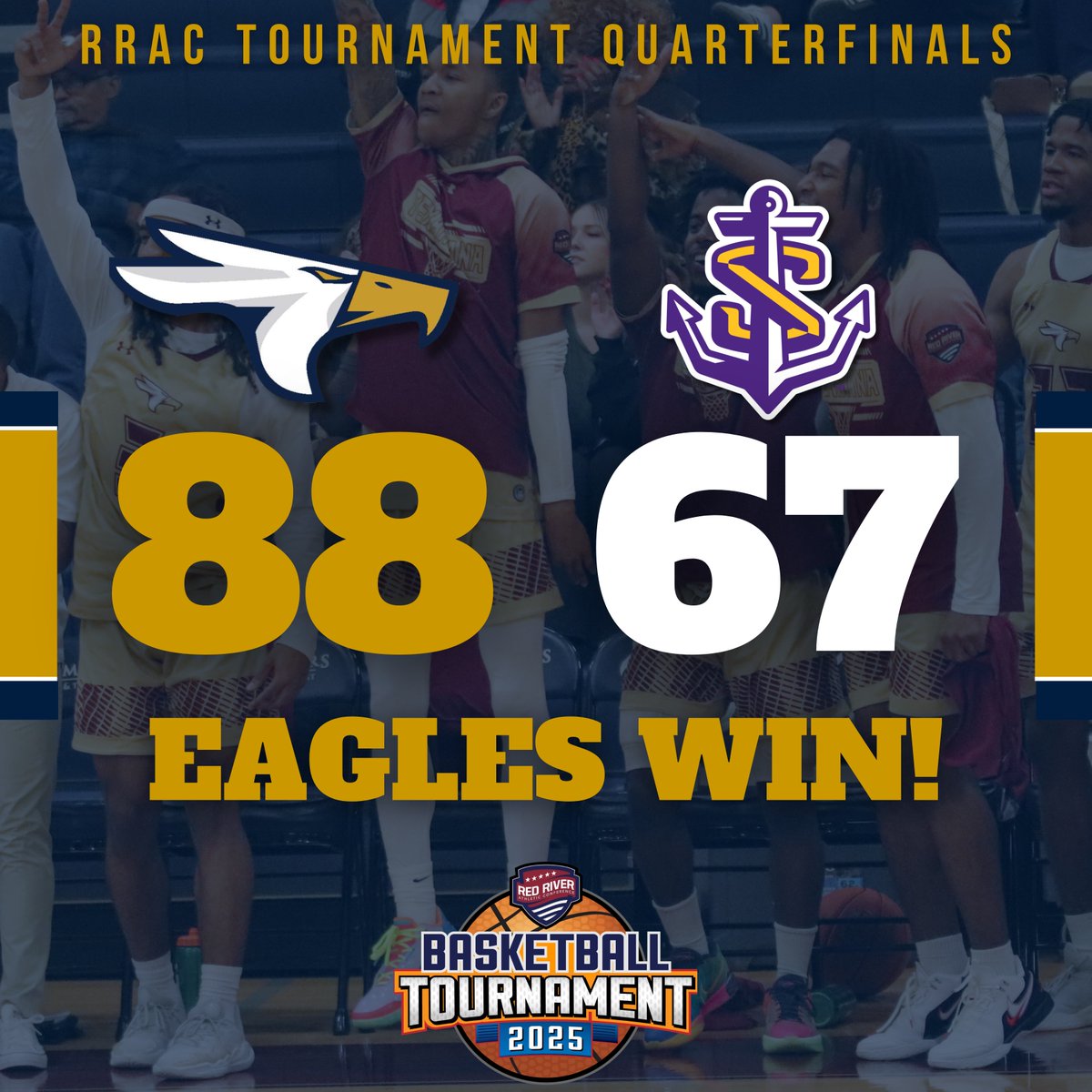 🏆 SURVIVE AND ADVANCE 🏆

The Eagles dominate LSUS, 88-67, and punch their ticket to the RRAC Tournament Semifinals! They'll face the winner of (1) LSU-Alexandria vs. (8) Huston-Tillotson.

#SoarEagles #TheStandard