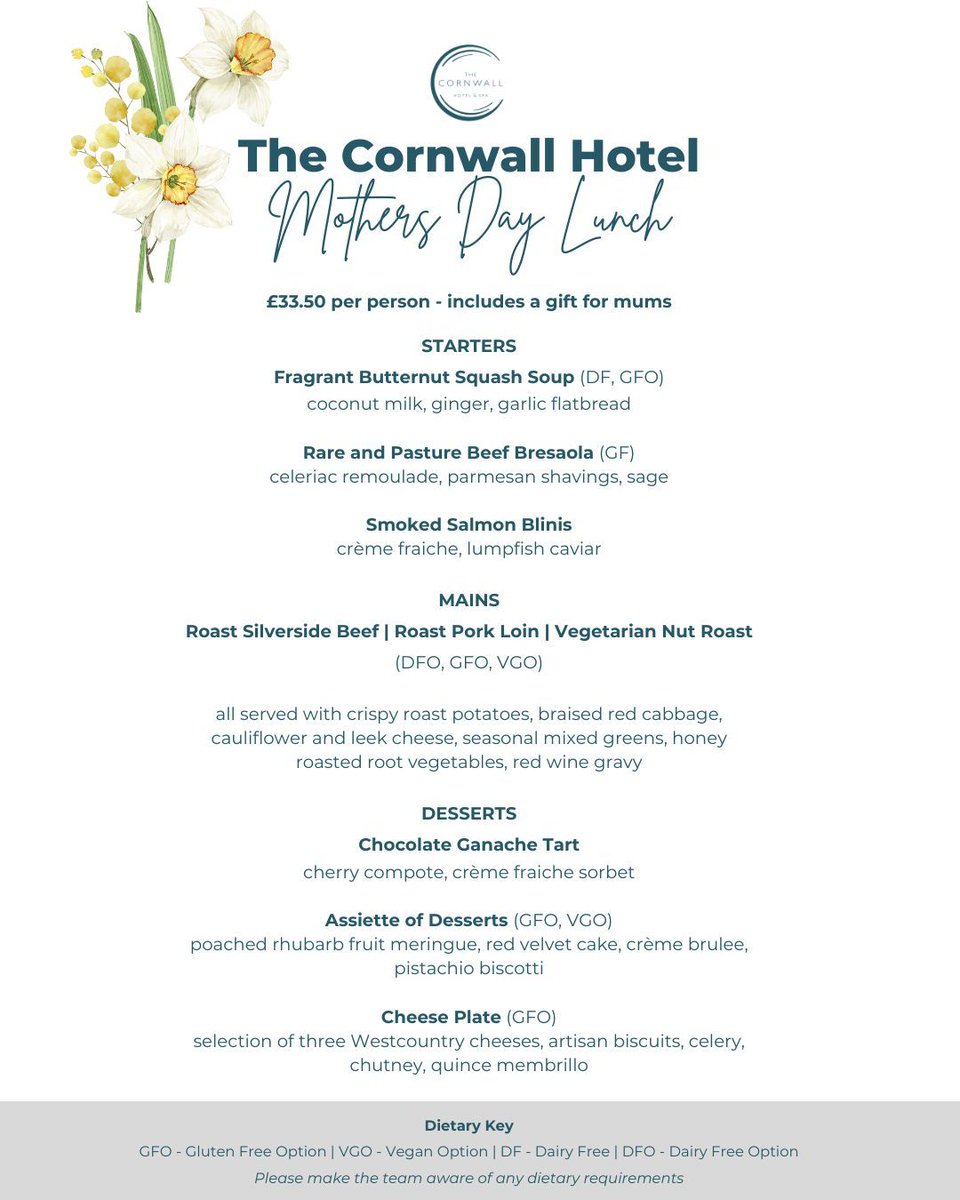 The Cornwall Hotel & Spa (@the_cornwall) on Twitter photo Mothers Day at The Cornwall Hotel = tranquillity in a beautiful setting + excellent food! 🌿
£33.50 per person - mums will receive a gift 💐
📞 01726 874050
💻 reservations@thecornwall.com
#thecornwallhotel #cornwall #mothersday #spring Mothers Day at The Cornwall Hotel = tranquillity in a beautiful setting + excellent food! 🌿
£33.50 per person - mums will receive a gift 💐
📞 01726 874050
💻 reservations@thecornwall.com
#thecornwallhotel #cornwall #mothersday #spring
