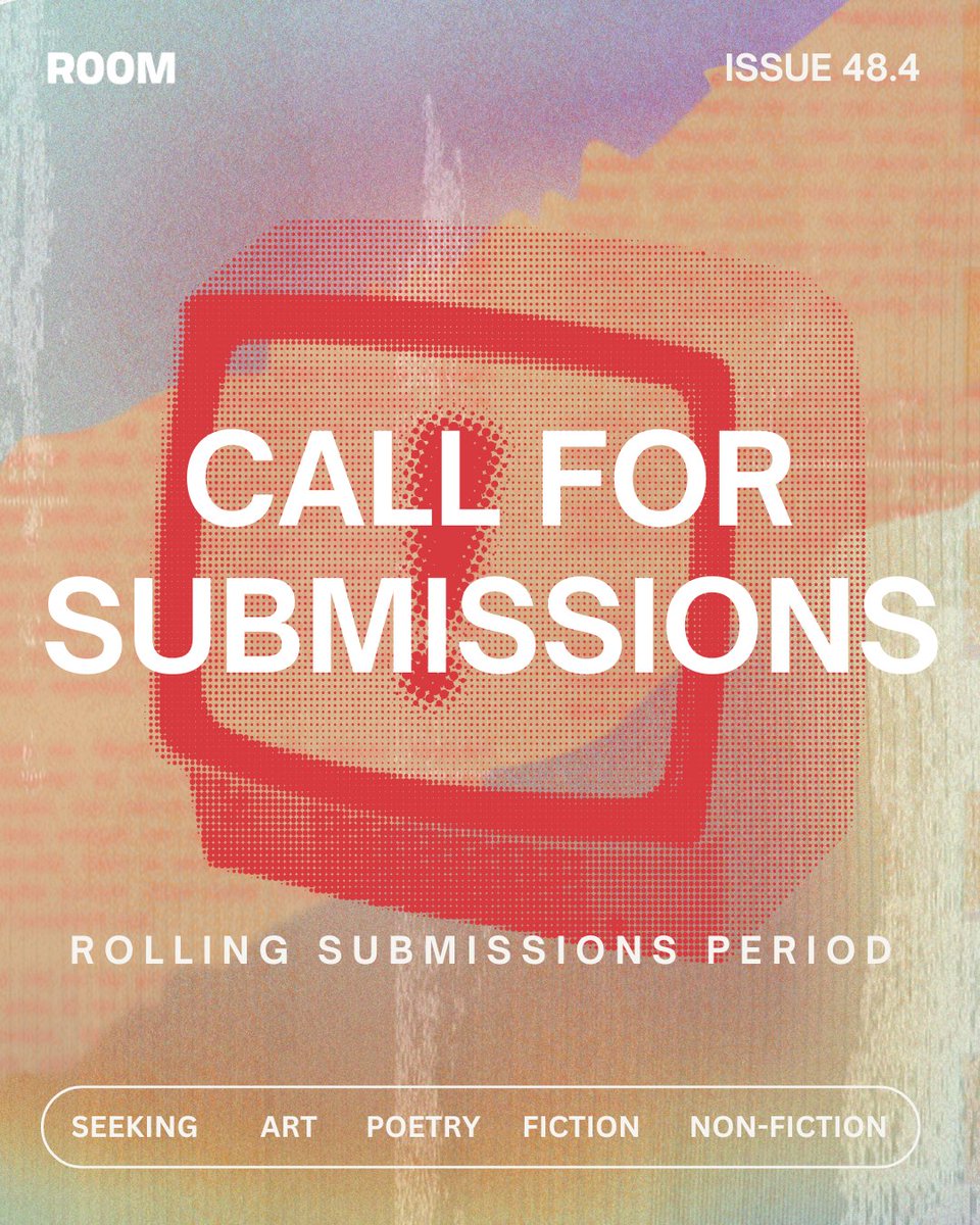 Writers and artists: we want you! (We pay!)

Send us art, fiction, poems, essays, and hybrid forms that take risks for ROOM 48.4! Topics of interest: urgency, complicity, past &amp; present, Afrosurrealism, Indigenous futurism, a free Palestine, &amp; more.❤️‍🔥

roommagazine.com/whats-new/feat…