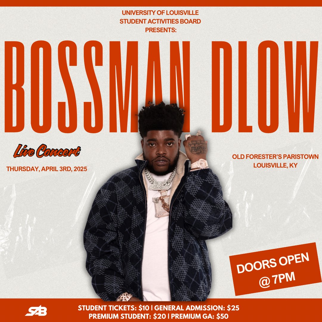 🚨 JUST ANNOUNCED 🚨 <a href="/UofLSAB/">UofL SAB</a> presents <a href="/bossman_dlow/">BossMan Dlow</a> LIVE at <a href="/ParistownHall/">Old Forester's Paristown Hall</a> Thursday, April 3! 🎫 Tickets on sale this Wednesday at 10AM: bit.ly/OFPHBossManDlow.