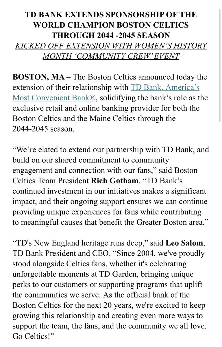 NoaDalzell's tweet image. INBOX: The Celtics extended their sponsorship with TD Bank through 2044-2045