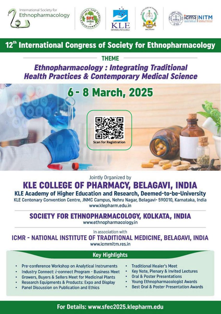 SFEC 2025 is almost Here! Are You Ready? 🌿
The 12th International Congress of the Society for Ethnopharmacology kicks off on March 6, in Belagavi, India! 🎉
Don't miss this chance to network with global experts &amp; witness groundbreaking research. Follow for more updates!