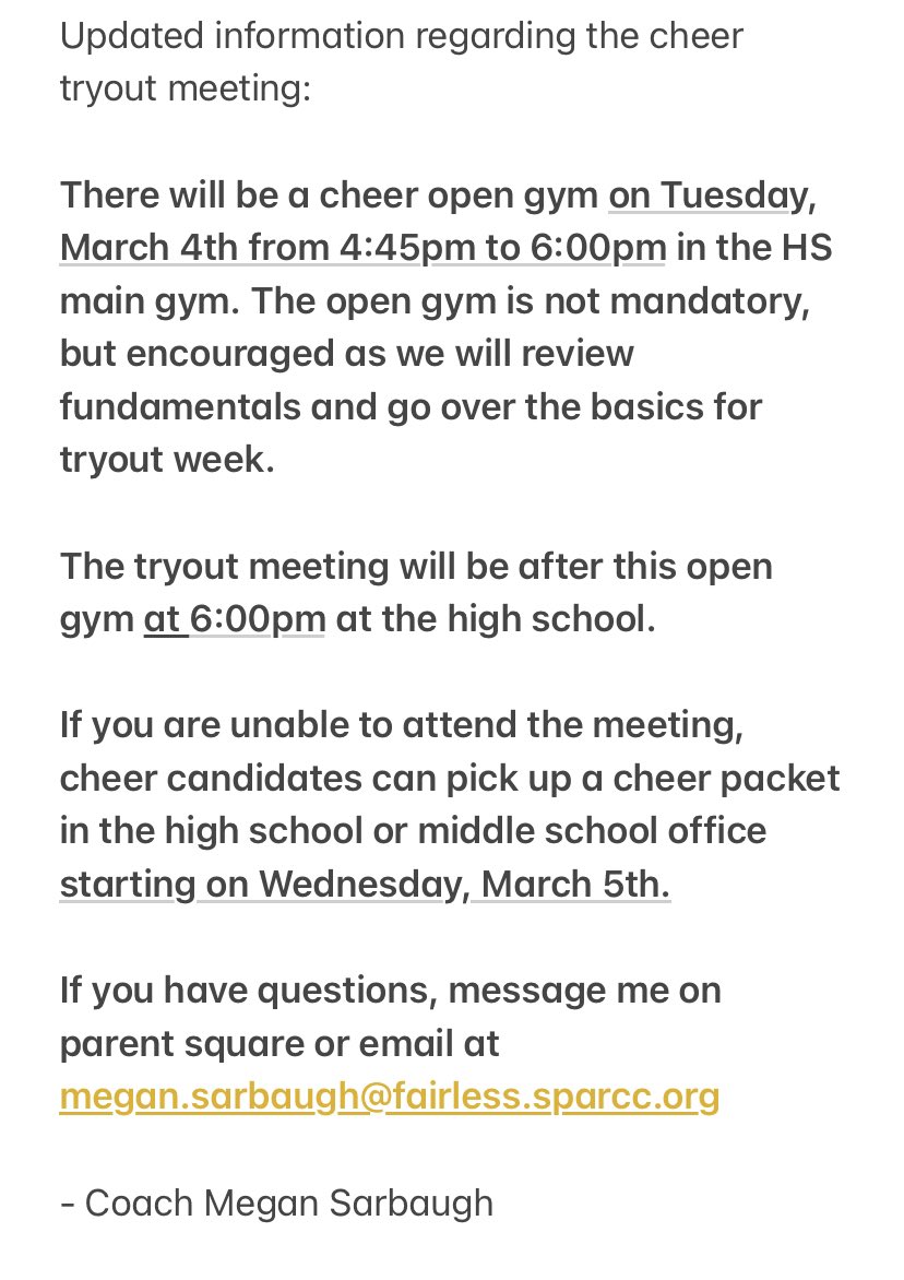 FairlessCheer's tweet image. Updated CHEER tryout meeting 💙