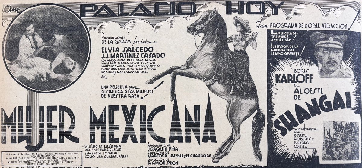 Una característica de la película “Mujer Mexicana” fue que representó fiestas charras protagonizadas por mujeres por primera vez en la historia del cine nacional. #PrimerasPlanas
Excélsior, 3 de marzo de 1938, Biblioteca-Hemeroteca Ignacio Cubas.
<a href="/Excelsior/">Excélsior</a>