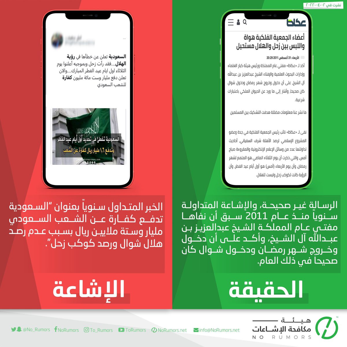 الخبر المتداول سنوياً بعنوان “السعودية تدفع كفارة عن الشعب السعودي مليار وستة ملايين ريال بسبب عدم رصد هلال شوال ورصد كوكب زحل” غير صحيح، والإشاعة المتداولة منذ عام 2011 سبق أن نفاها مفتي عام المملكة.

Source(s): مصادر
norumors.net/?rumors=778689…