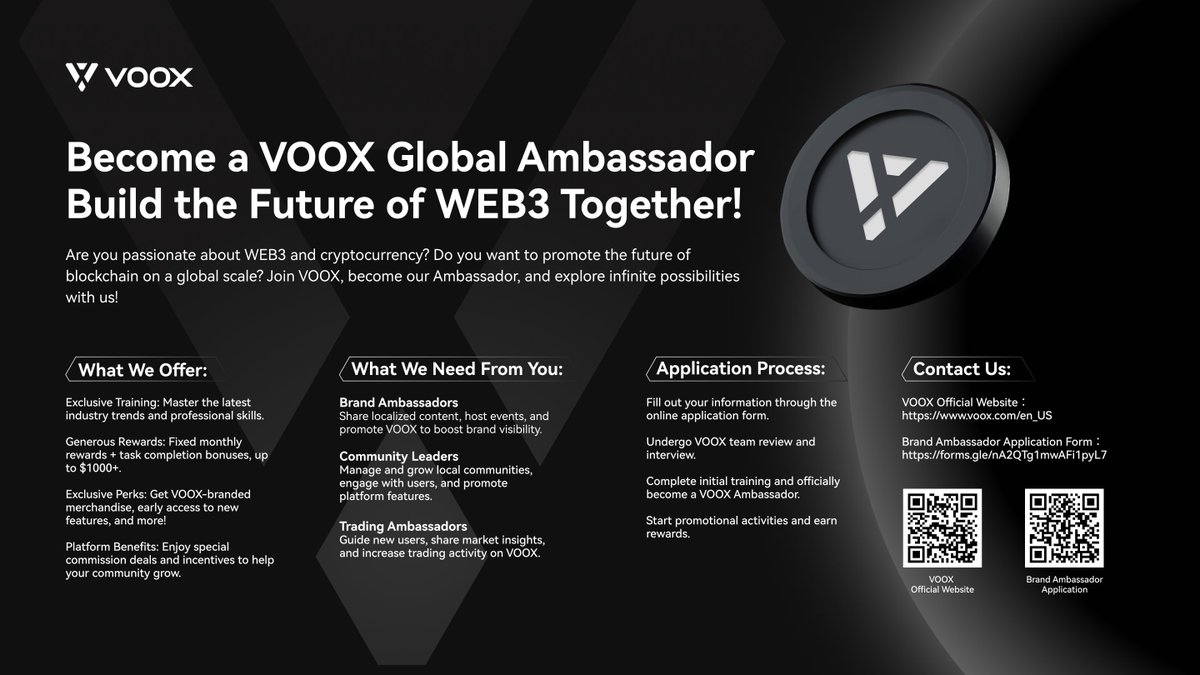 🚀 Ready to make some noise in the crypto world? 🌍 Join the #VOOX squad as  a Brand, Community, or Trading Ambassador! 💥 Help us spread WEB3 magic,  create epic content, host