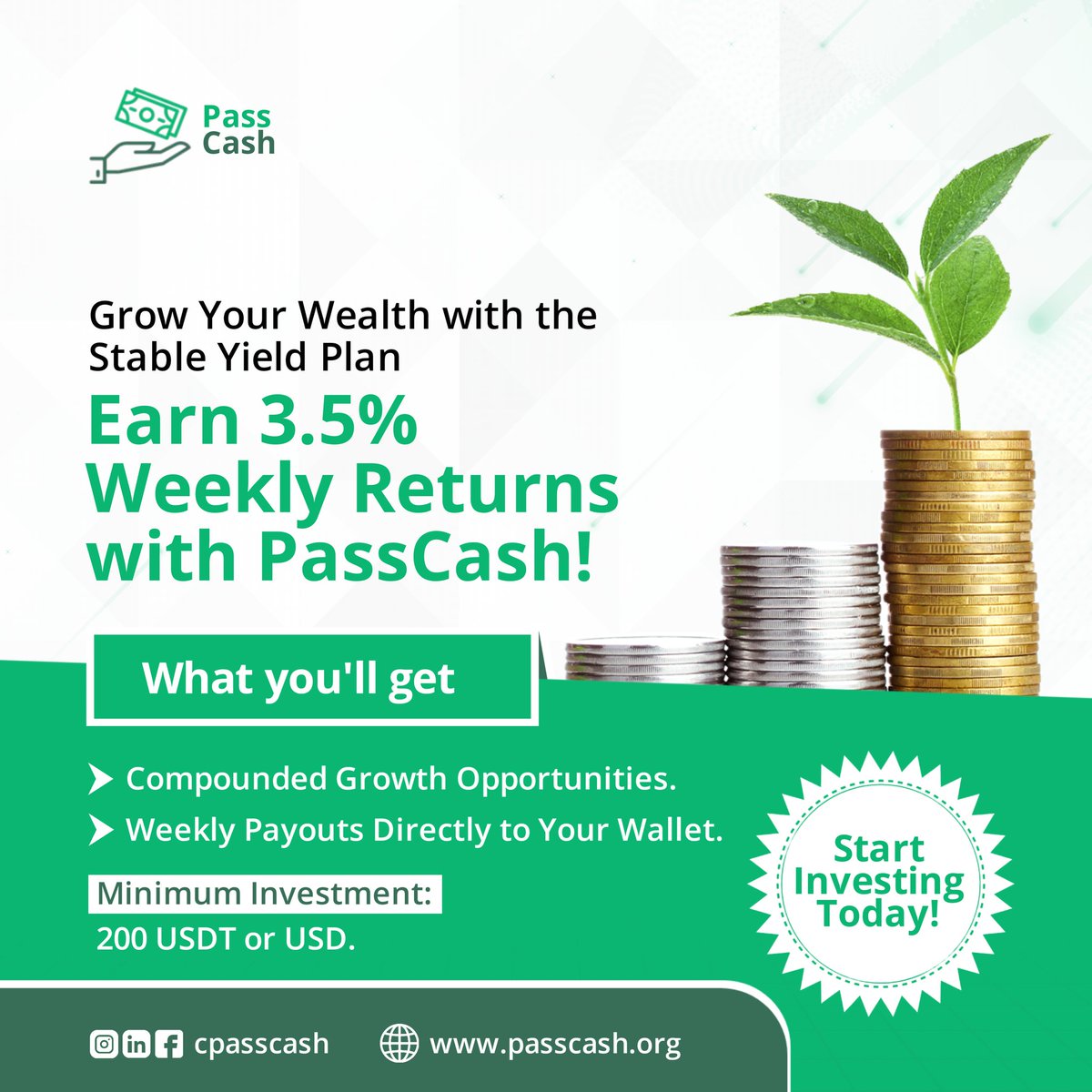 CPassCash's tweet photo. Ready to watch your wealth grow? 🌱

Earn 3.5% weekly returns with PassCash’s Stable Yield Plan! Start with just 200 USDT/USD, enjoy compounded growth, and get weekly payouts straight to your wallet.

➡️ Start now: https://t.co/mu7RDv0NQy

#PassiveIncome #InvestSmart #PassCash https://t.co/MihY7JEsBI