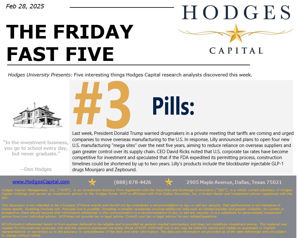 HodgesCapital's tweet photo. Time for number 3 on the Friday Five Countdown and ramifications for the pharmaceutical industry as POTUS continues to push for onshoring of manufacturing. #Pharma #Manufacturing #POTUS #Market https://t.co/Xe3d57XFCa