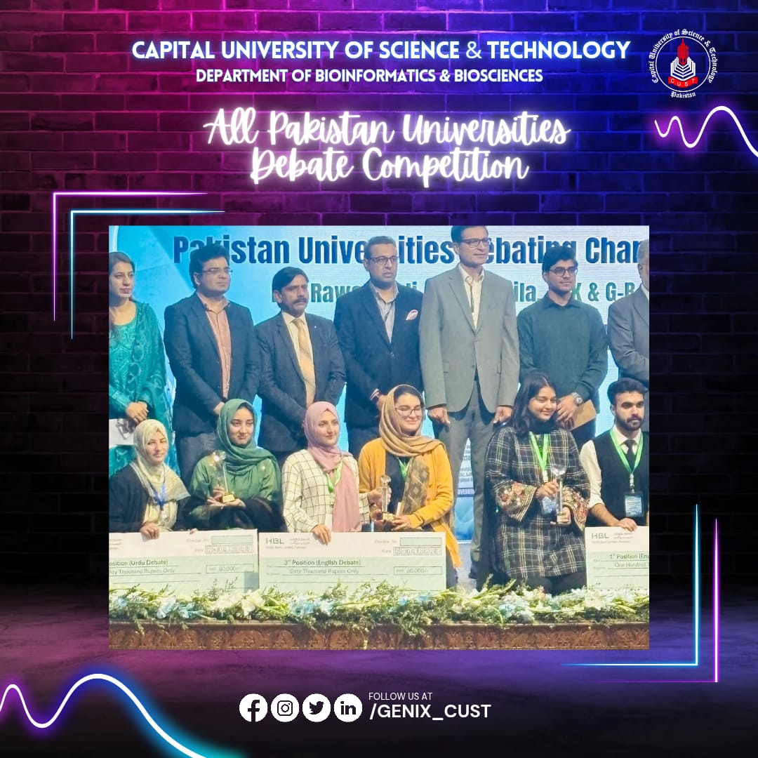 Genix_cust's tweet photo. In The All Pakistan Universities Debating Championship 2024-25 ICT Regional Round, organized by HEC, CUSTproudly secured 3rd position in the English debate. Representing CUST, Olya Zahra from the Department of BI&amp;BS, along with her teammates earned a place in national round. https://t.co/RTInCTqEv2