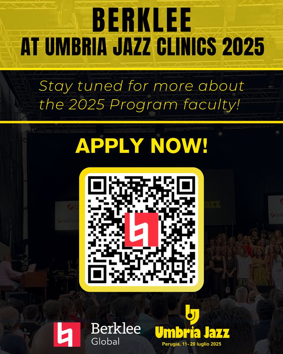 🇮🇹  Excited to announce the 2025 Berklee at Umbria Jazz Clinics! Applications are now OPEN for the clinics, July 8-20 in Perugia, Italy. 

Don’t miss your chance to learn from world-class artists! Apply now: berklee.edu/berkleeonthero…

#italy #umbria #berkleecollegeofmusic
