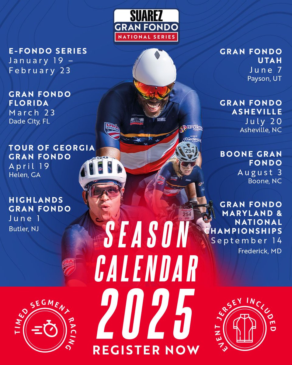 🚴‍♂️ The 2025 Gran Fondo National Series Season is Here! 🚴‍♀️

Mark your calendars and get ready for an epic year of cycling with the Gran Fondo National Series! From sunny Florida to the rolling hills of Maryland, here’s where we’re riding in 2025:

granfondonationalseries.com/all-events