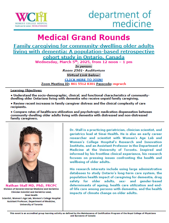 WCH Med Grand Rounds (@wchmgr) on Twitter photo Join us for the next Medical Grand Rounds on Wed, Mar 5 at 12 noon on "Family caregiving for community-dwelling older adults living with dementia: A population-based retrospective cohort study in Ontario, Canada" with <a href="/NathanStall/">Nathan Stall</a> Join us for the next Medical Grand Rounds on Wed, Mar 5 at 12 noon on "Family caregiving for community-dwelling older adults living with dementia: A population-based retrospective cohort study in Ontario, Canada" with <a href="/NathanStall/">Nathan Stall</a>