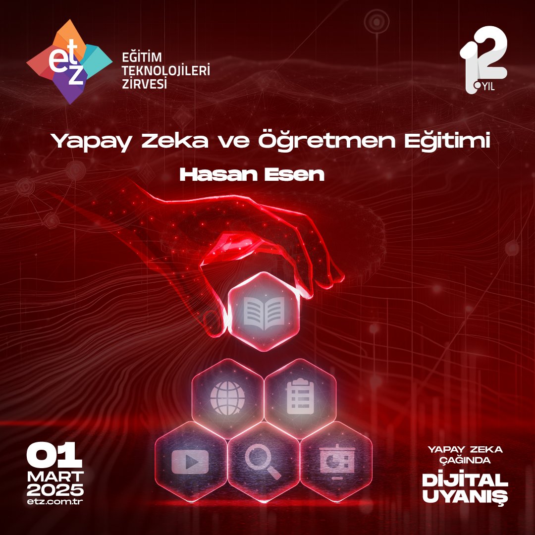 “Yapay Zeka ve Öğretmen Eğitimi” sunumu ile Hasan Esen 12. ETZ’de! 

🚀Bu büyük dijital dönüşümün eşiğinde, 𝗘𝗧𝗭’𝗱𝗲 yerinizi ayırtın.

🚀Hemen kayıt olmak için: 𝘄𝘄𝘄.𝗲𝘁𝘇.𝗰𝗼𝗺.𝘁𝗿