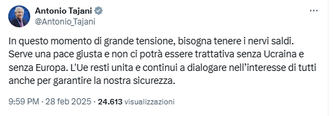 DeShindig's tweet photo. Ricapitolando le reazioni dei segretari dei partiti di maggioranza e ministri sono (in ordine cronologico):

1. Salvini: sostegno a Trump che bullizza la vittima
2. Tajani: mi si nota di più se dico qualcosa o se non dico niente?
3. Meloni: due scarpe is megl che uan

Il governo, non da oggi, è spaccato sui più importanti affari correnti come la politica internazionale; in pratica l'Italia sugli esteri è senza guida