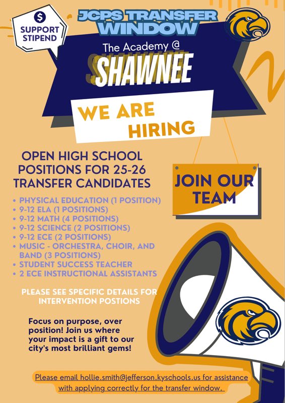 Ready to join THE BEST in the West?! 🦅 

📣 The Academy @ Shawnee is seeking to fill the following positions for the 25-26 school year!

If you are interested in literacy 📚 or interventionist positions, please reach out directly to our Executive Principal, Ms Smith