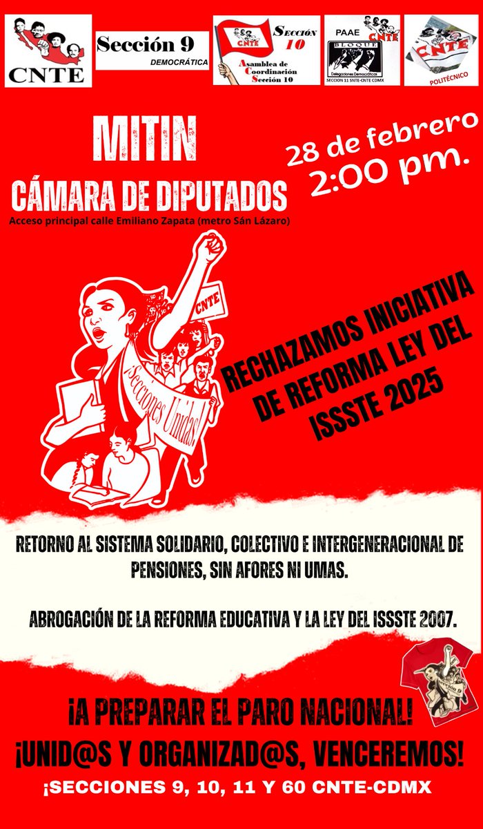 CNPA_MN's tweet photo. Presentes en el mitin en la cámara de Diputados, convocado por la CNTE (secc. IX, X, XI, LX) , para exigir la no aprobación de la Reforma al ISSSTE, propuesta por @Claudiashein.
Gobierne quien gobierne, los derechos se defienden!!
El pueblo unido, jamás será vencido!! https://t.co/YPpQXtnZE2