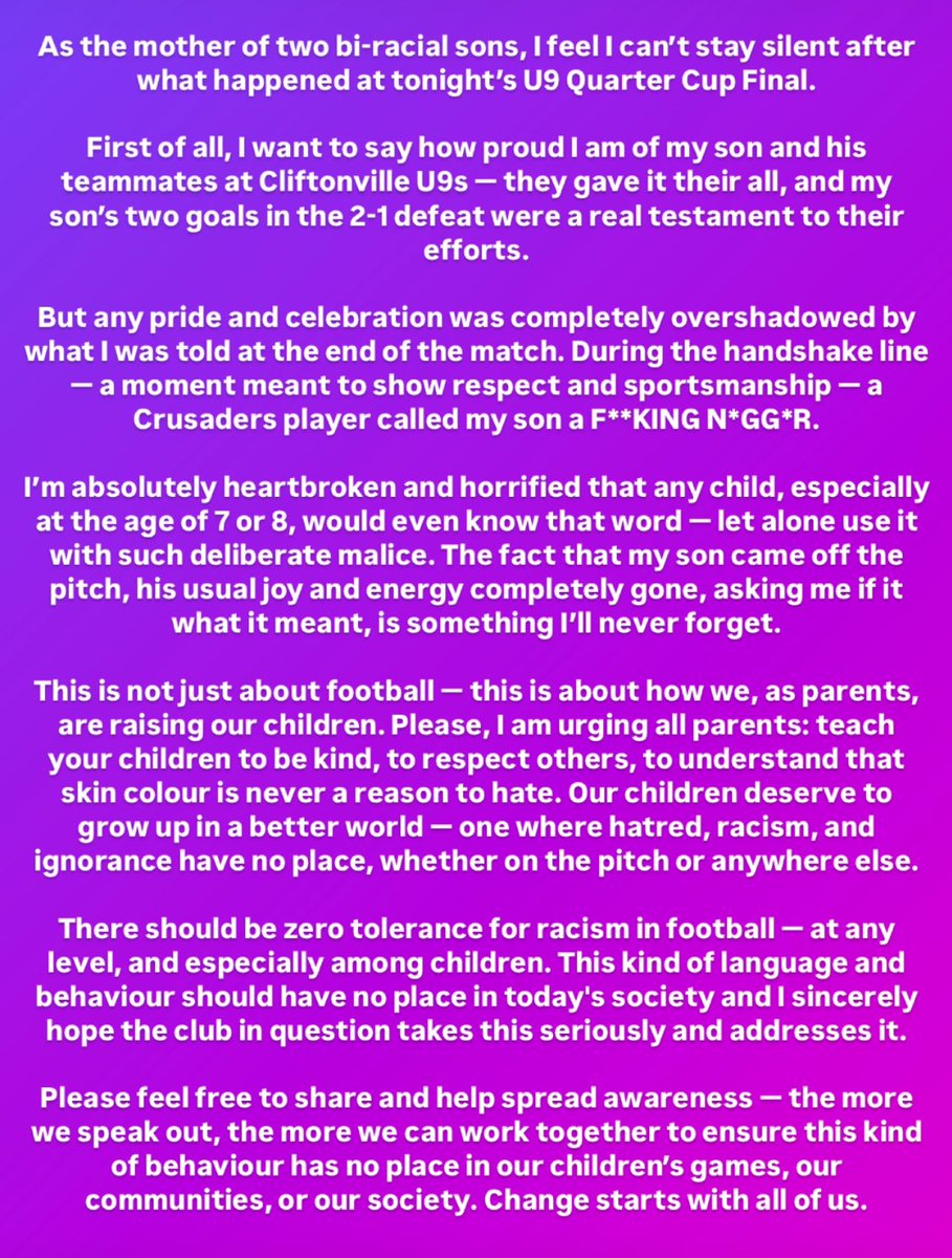 ❌Say No To Racism❌
 Children's U9 football game and my son is called a F**KING N*GG*R by one of the oppositions players at end of game. These are 7 &amp; 8 year olds. Where is the love in today's society.....Read ⬇️
