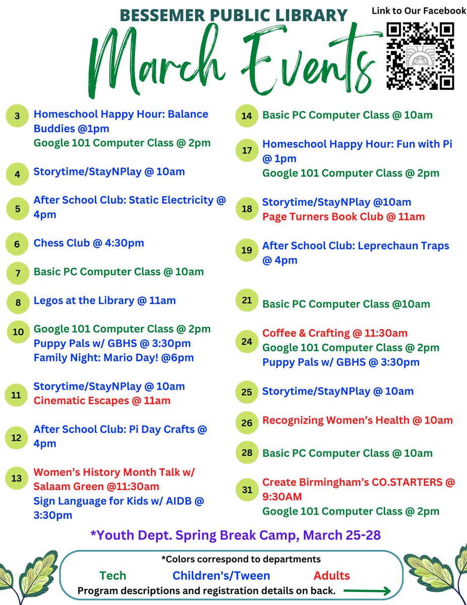 Bessemerlibrary's tweet photo. The new calendar of all the programs and events we have planned for March has arrived! Make sure you save a copy and call us for more information. Follow us across social media using #besslibrary to stay posted about what's going on at the Bessemer Public Library! https://t.co/Mixz8lS1go