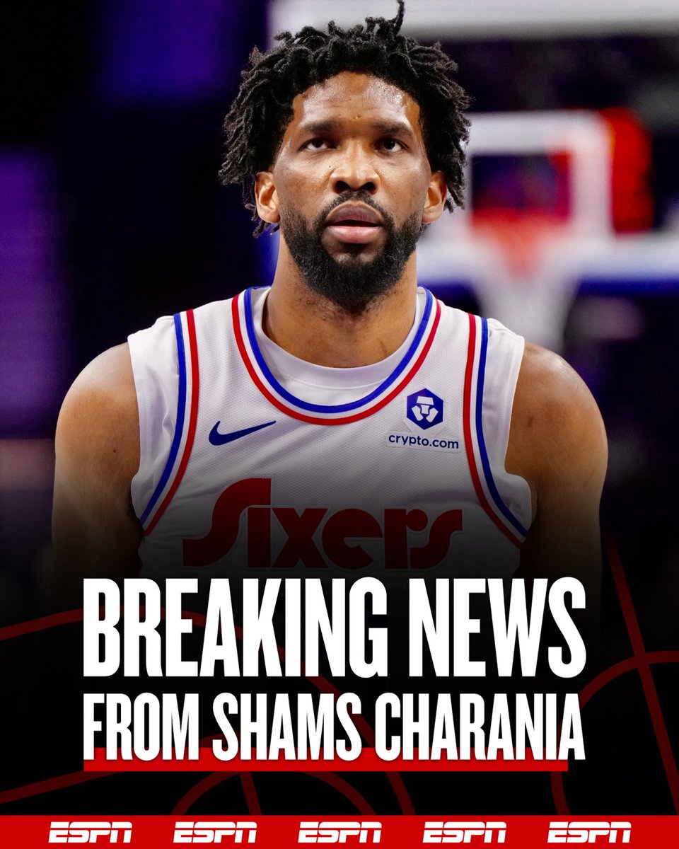 ShamsCharania's tweet image. Philadelphia&apos;s Joel Embiid has been ruled out for the season.