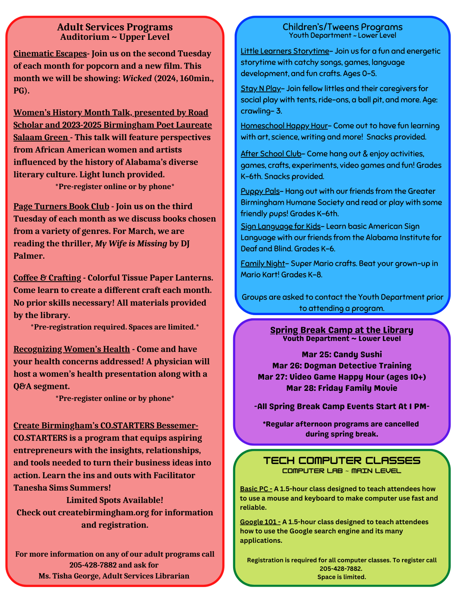 Bessemerlibrary's tweet photo. The new calendar of all the programs and events we have planned for March has arrived! Make sure you save a copy and call us for more information. Follow us across social media using #besslibrary to stay posted about what's going on at the Bessemer Public Library! https://t.co/Mixz8lS1go
