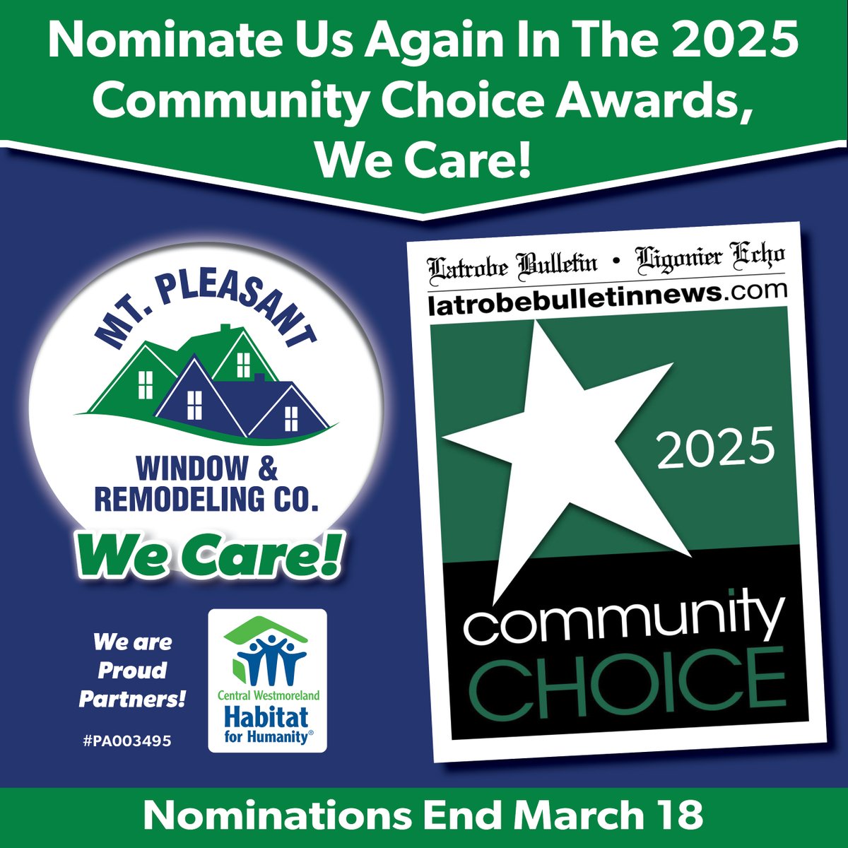 MPW_Remodeling's tweet photo. Nominate Mt. Pleasant Window &amp; Remodeling Co. for this year's Community Choice Award!

 We received this prestigious award last year and the only way we can win it again is for you to nominate us!

Follow the link below to submit your nomination today!
https://t.co/nlGDrz1umT https://t.co/vpGB0T6gYJ