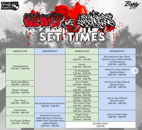 6blocc's tweet photo. SET TIMES FOR THE 
HEART OF LOS ANGELES EVENT

SATURDAY MARCH 1st, 2025
https://t.co/PEU4mnhbl7

The Hieroglyphics: Experience the legendary crew live as they perform songs from 3rd Eye Vision and more.

Queen Omega: Don’t miss this reggae powerhouse as she makes her triumphant return to the West Coast, marking her first Los Angeles performance in 15 years.

The Visionaries: LA’s hip-hop legends take the stage with their timeless beats and rhymes.

Funkdoobiest: Los Angeles natives who pioneered the 90’s hip hop sound.

The Shapeshifters: A collective of boundary-pushing artists delivering electrifying performances.

Gavlyn: The bold and dynamic voice of LA’s underground hip-hop scene.

Adding to the energy, Concrete Jungle Sessions LA residents Dier Times, Jahwy, and Beatrix team up to hold down the stage between performances with Diggin' Daily's Otek and Shownuff. The stage will also feature performances from Original Junglist R.A.W. aka 6Blocc, and local hip hop staples Quaesar, Jizzm, Ice Cream Crew, and Poetik Prophets.

Heart of Los Angeles will also be blessed by the positive vibrations of Dub Meeting powered by Dub Siren Hifi along the beautiful waterfront of San Pedro, CA.  The stage will boast the first time US performance of Micah Shemaiah live dub mixed by The Scientist and performances from the full Dub Siren crew featuring MC’s General Zooz, Mello Banton, Rootsman, and Ryo Vibes.
