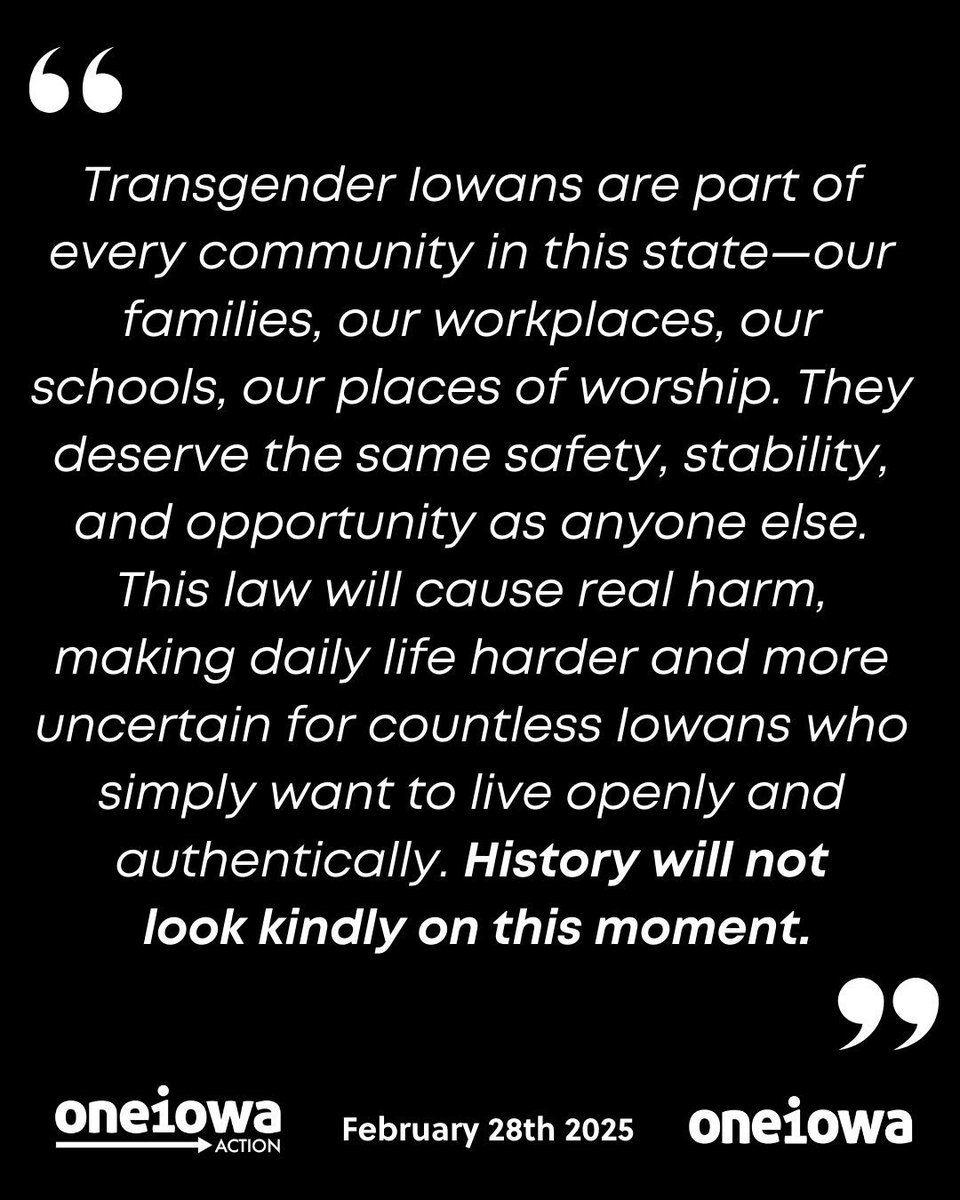 🚨 BREAKING: Iowa Governor Kim Reynolds signed into law a bill removing gender identity from the Iowa Civil Rights Act

Read our full statement here: buff.ly/43eDqLd.