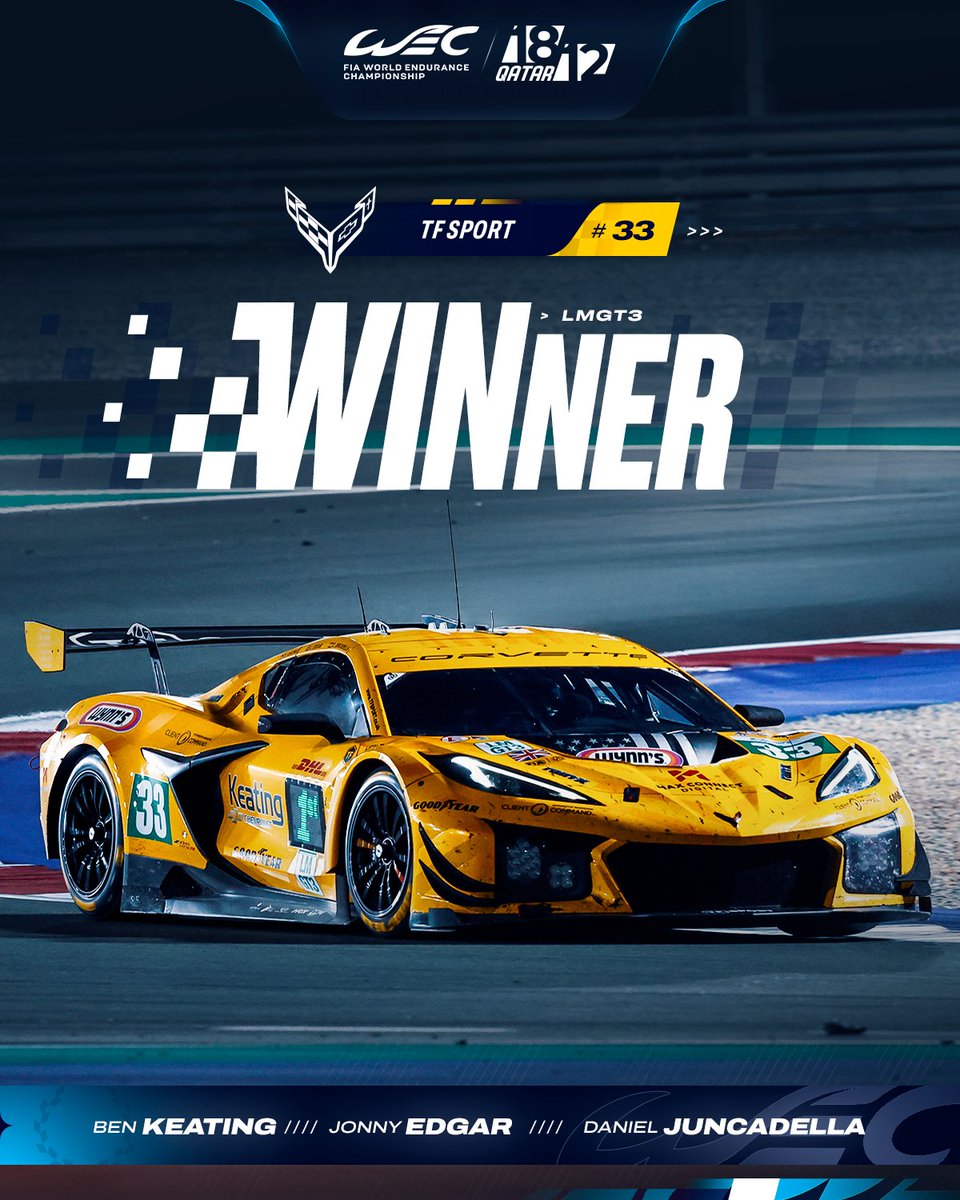 FIAWEC's tweet photo. TF SPORT WIN THE QATAR 1812KM! 🏆🇶🇦

#WEC #Qatar1812km @OfficialTFSport @TeamChevy https://t.co/oXlQm1YFki