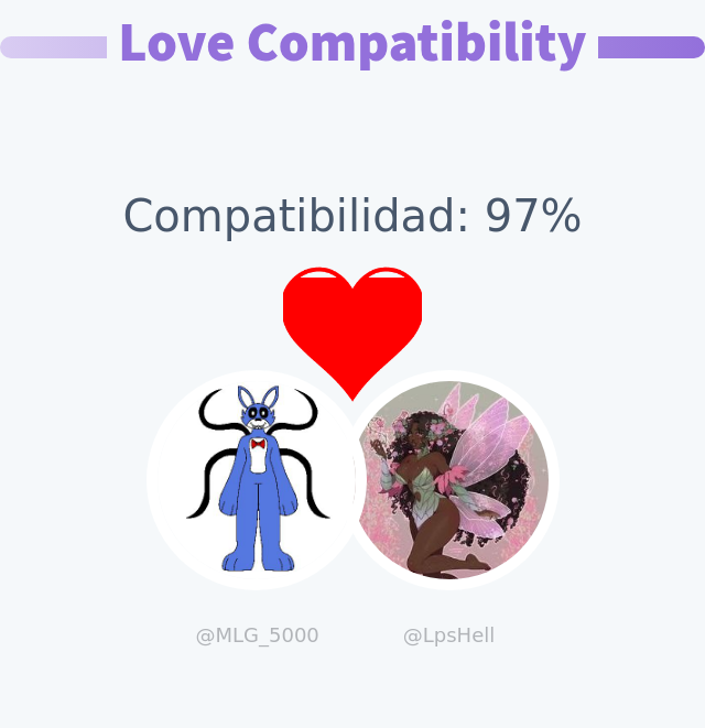 MLG_5000's tweet photo. Mi Compatibilidad Amorosa con @LpsHell es del 97%

➡️ https://t.co/Oz0LMlfu9R https://t.co/iW6V1rmavd