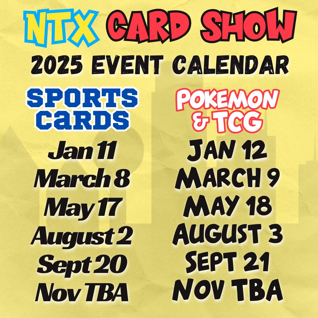 Your collection may be properly sleeved, but is your CALENDAR properly updated?

We've laid out our 2025 NTX Card Show dates like a perfect box break — Sports cards on Saturdays, Pokémon &amp; TCG on Sundays. Don't be caught off-guard like that rookie who brings penny sleeves to a