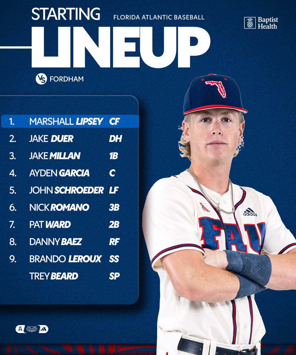 Florida Atlantic Baseball (@faubaseball) on Twitter photo Tonight's <a href="/BaptistHealthSF/">Baptist Health</a> starting lineup ⤵️
🆚 Fordham
⏰ 6:30 p.m.
📺 FAUSports.com/Watch
📈 tinyurl.com/FordStats228 Tonight's <a href="/BaptistHealthSF/">Baptist Health</a> starting lineup ⤵️
🆚 Fordham
⏰ 6:30 p.m.
📺 FAUSports.com/Watch
📈 tinyurl.com/FordStats228