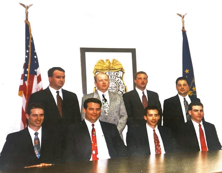 Three ISEP members celebrated their 30 year anniversary yesterday. Thank you for your enduring commitment to public service and to the State of Indiana!  📸 2/27/95 Back row, right: Major Tim Cleveland and Lieutenant Brian Stewart. Front row, right: Master Officer Jeffrey Lang.