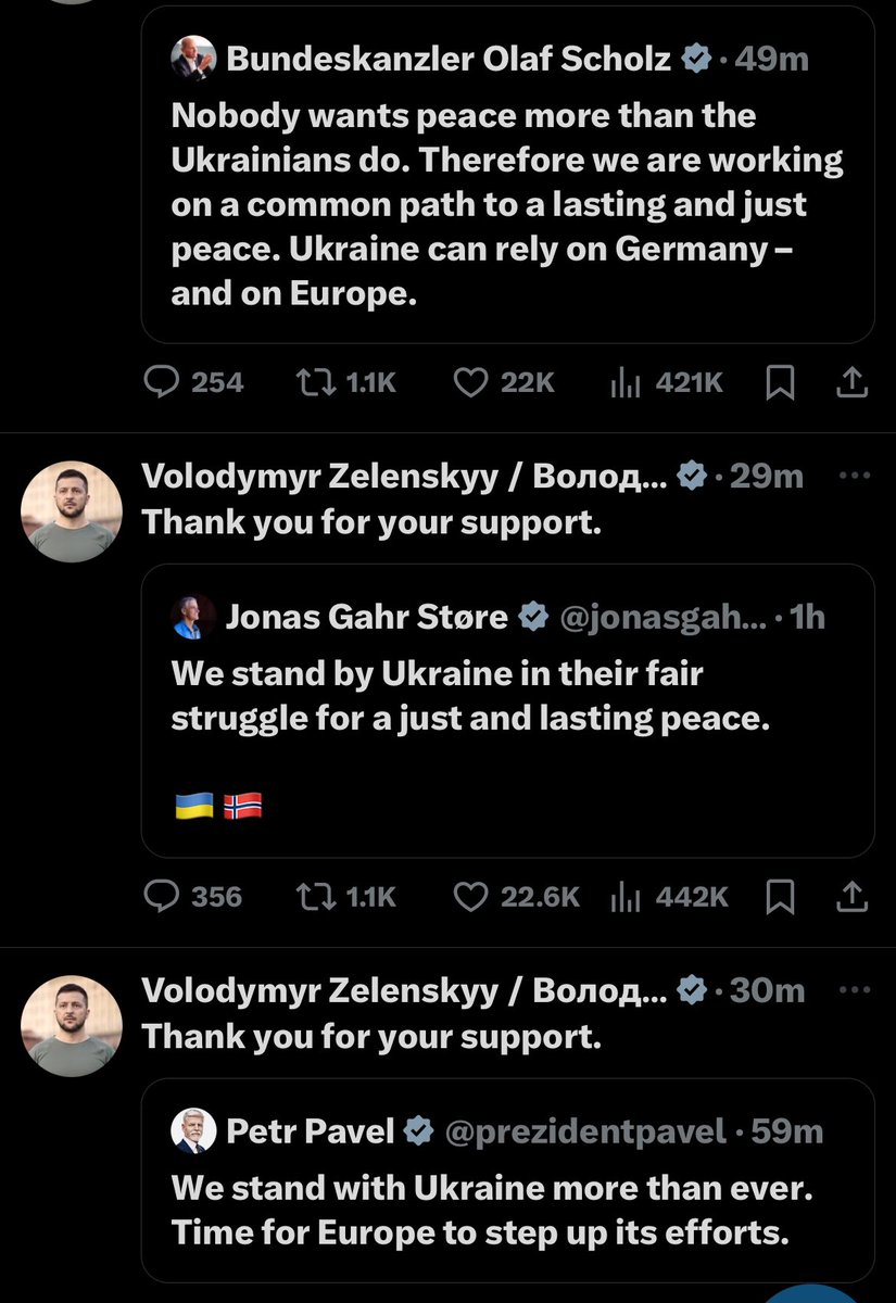 MrJohnNicolson's tweet photo. President of #Ukraine @ZelenskyyUa is being deluged by - and retweeting - support from European leaders following the shocking #Trump thuggery in the Oval Office today. Europe is upping its game. One significant name missing from the supportive messages thus far: Keir Starmer. https://t.co/1lOuQQQtwp