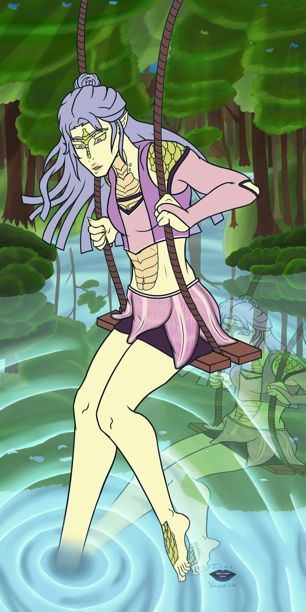 Took a while to finish this but I'm slowly coming up with a background style that I think I'm liking. Zal'Shi again but enjoying swinging at the lake of her island home #dnd #dndoc #DnDcharacter #dndart