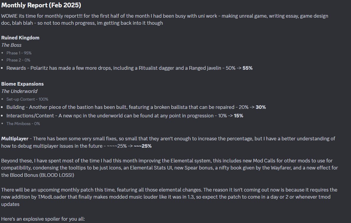 ModRedemption's tweet photo. The monthly report for February 2025 is now live, featuring some changes to the elemental system and a new spoiler for the Blazing Bastion. 

#terraria 
#tmodloader https://t.co/kax0oYlkTx