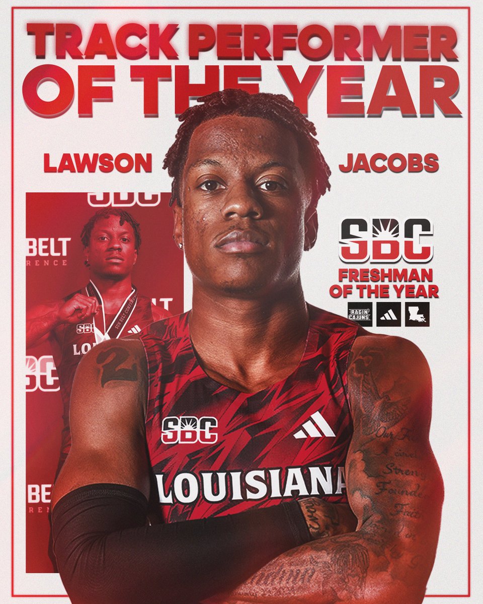 RaginCajunsTRK's tweet photo. 𝗧𝗛𝗘 𝗕𝗘𝗦𝗧 𝗜𝗡 𝗧𝗛𝗘 𝗦𝗕𝗖

Lawson put on a show at the @SunBelt Indoor Championships to earn Male Track Performer and Freshman of the Year honors 🚀

#GeauxCajuns https://t.co/KIYSaPgja6